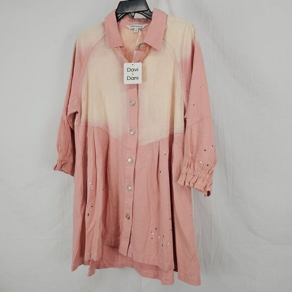 Davi & Dani Ella Denim Paint Splatter Button Down Dress In Pink Women's Sz Med - Picture 9 of 11